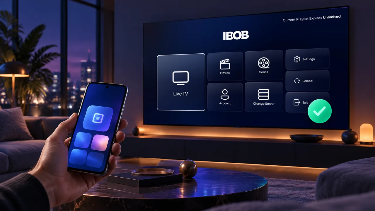 A phone held in front of a TV that shows a green checkmark after a successful device activation