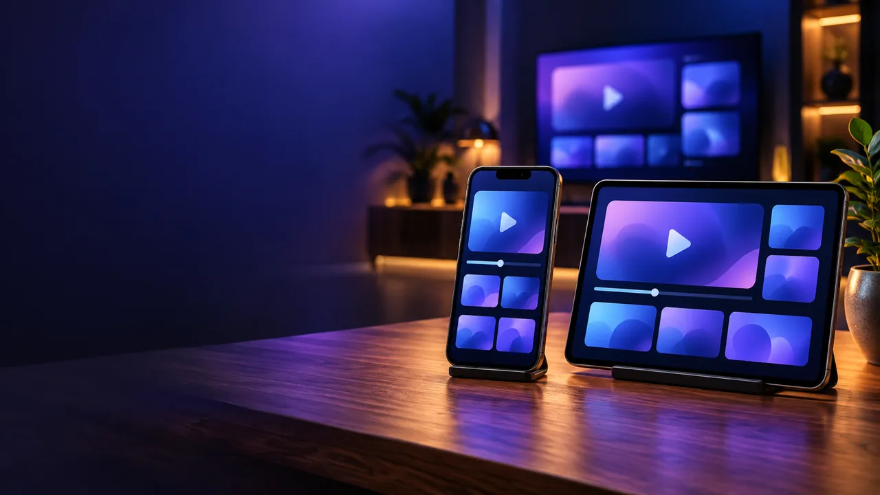 A smartphone and a tablet side by side on a desk showing a media player grid, with a glowing TV blurred behind them