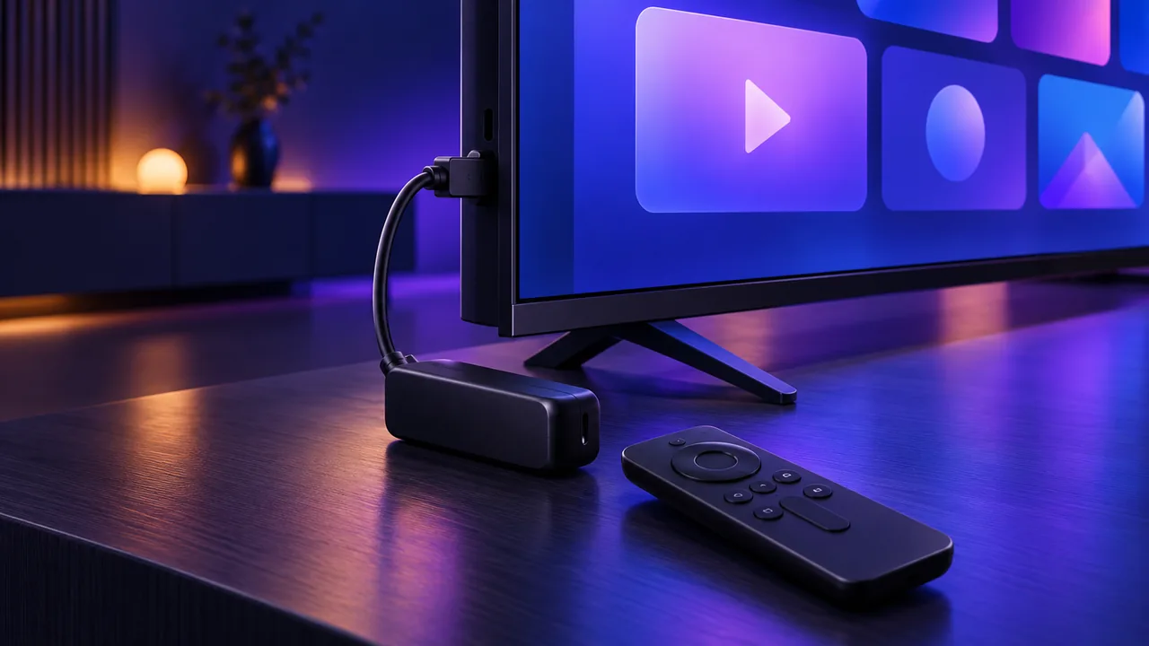 A small HDMI streaming stick plugged into a TV, with a compact remote beside it in a dark room