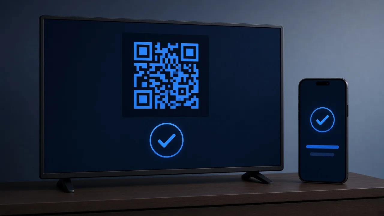 A TV showing an activation QR code, with a phone confirming the IBOB Player activation
