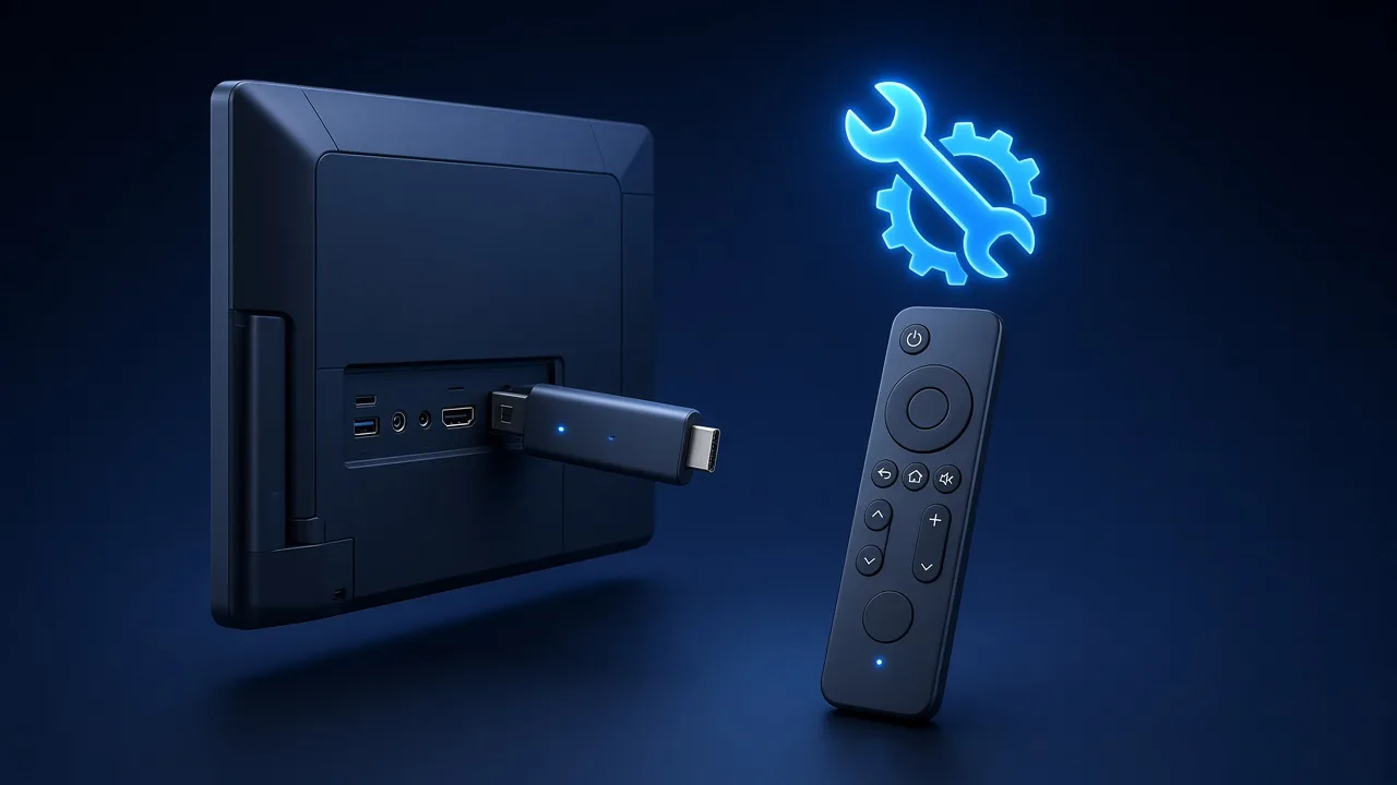 A streaming stick plugged into the back of a TV, with a remote and a repair icon
