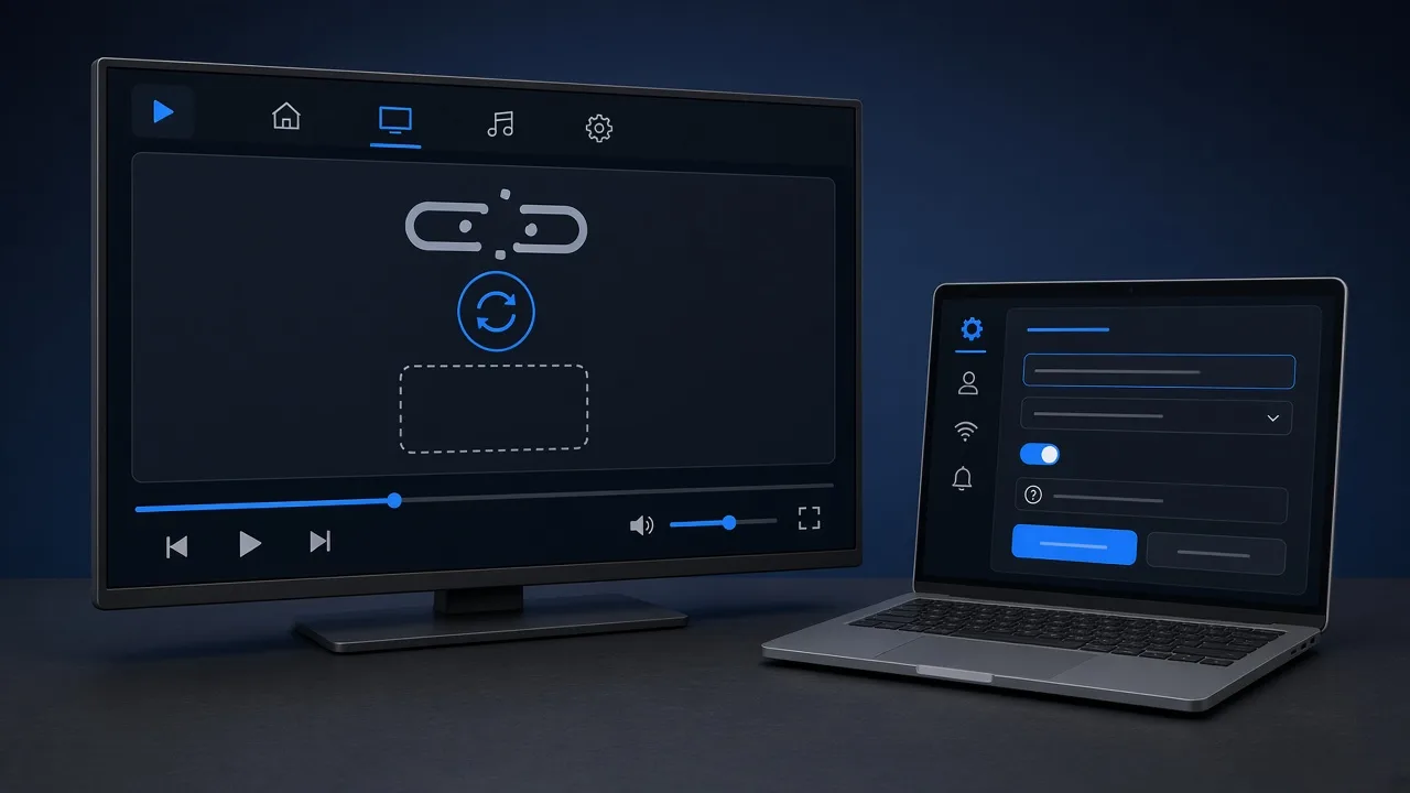 A player screen showing a broken playlist link with a retry icon, next to a laptop with playlist settings