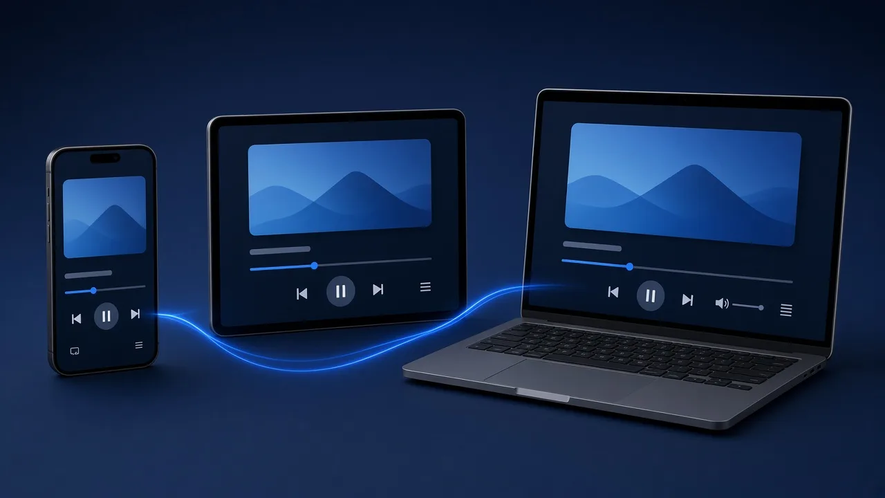 IBOB Player on a phone, tablet and laptop, synced and playing the same video