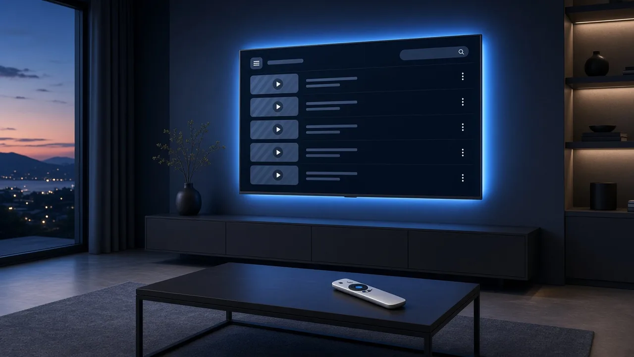 A wall-mounted smart TV showing a playlist menu in a dark living room