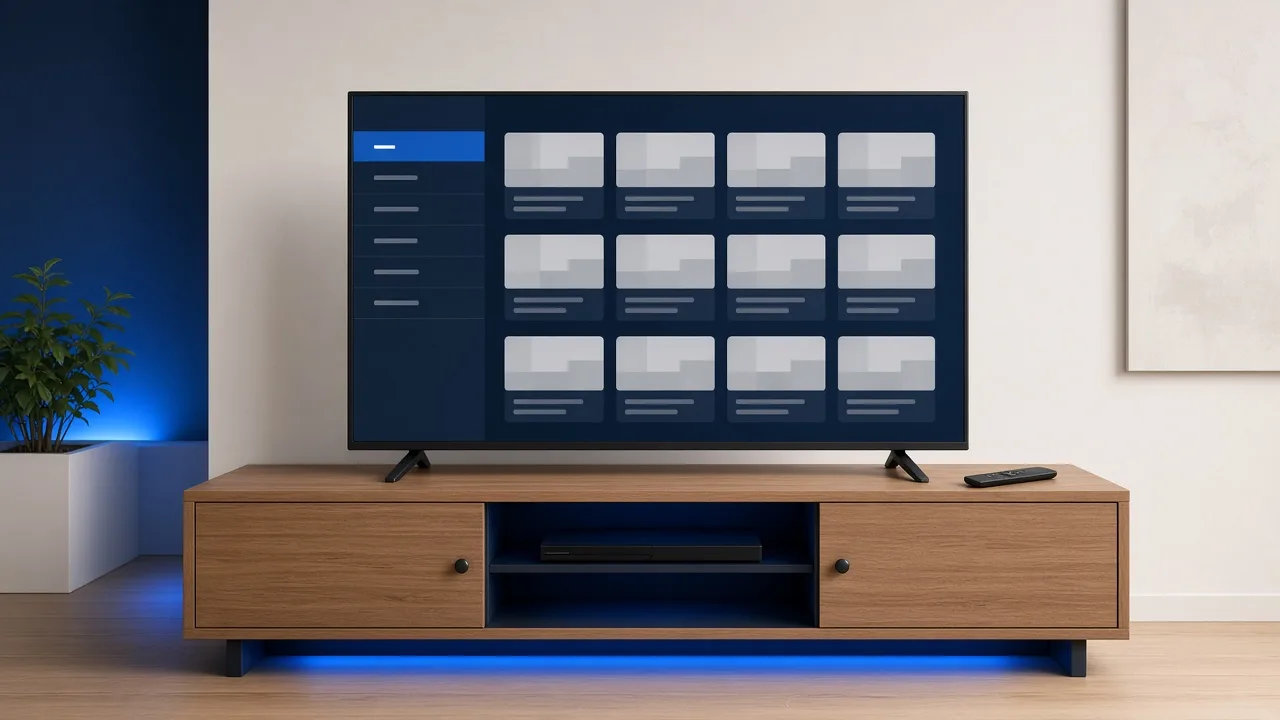 A smart TV on a wooden console showing a grid of media tiles