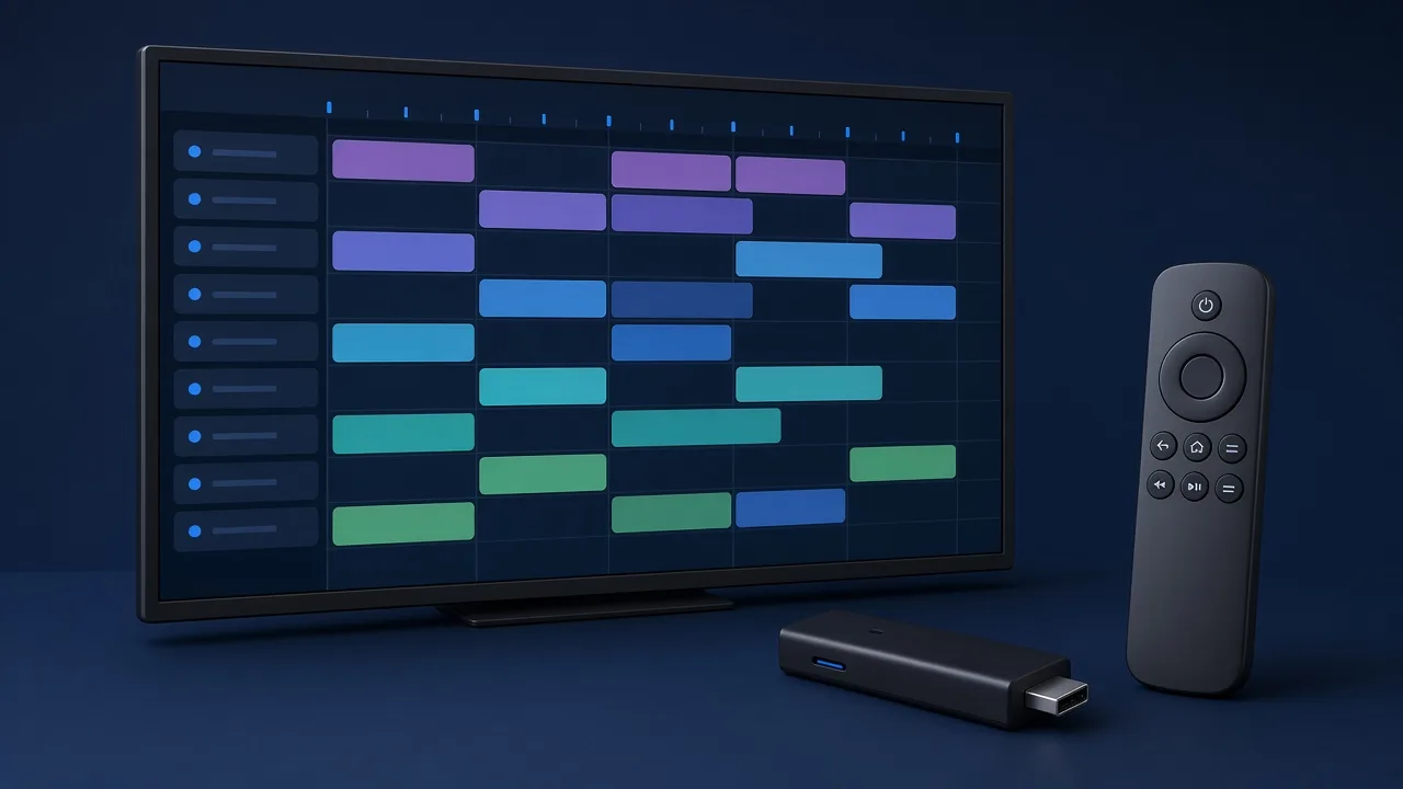 A TV programme guide (EPG) grid with a streaming stick and remote in front