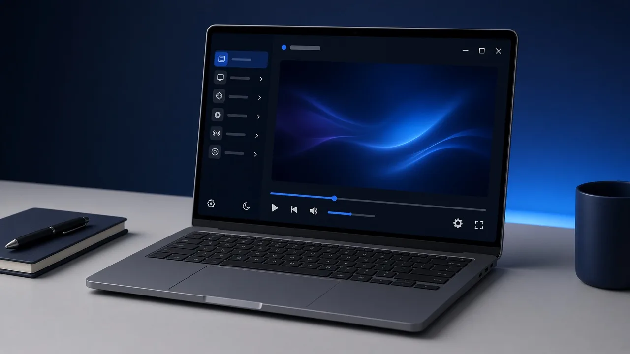 IBOB Player running on a Windows laptop, with a dark player window on a desk