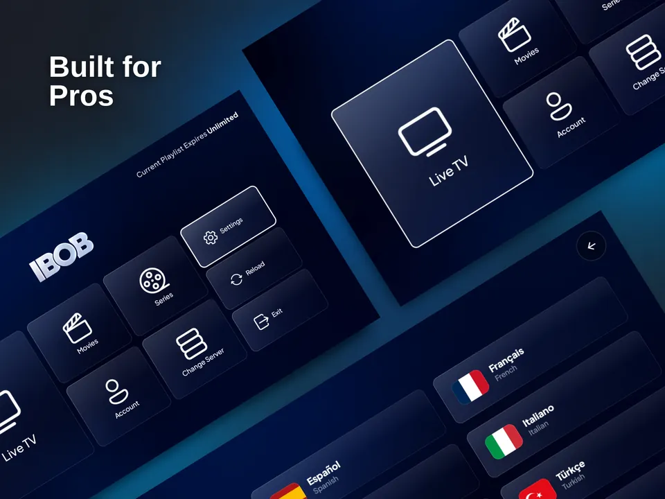 IBOB Player interface on TV: home screen with Live TV, movies and series, plus the app language settings