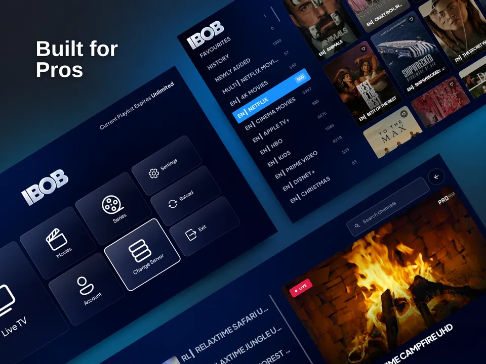 IBOB Player interface on TV: live TV, movies, series and channel categories