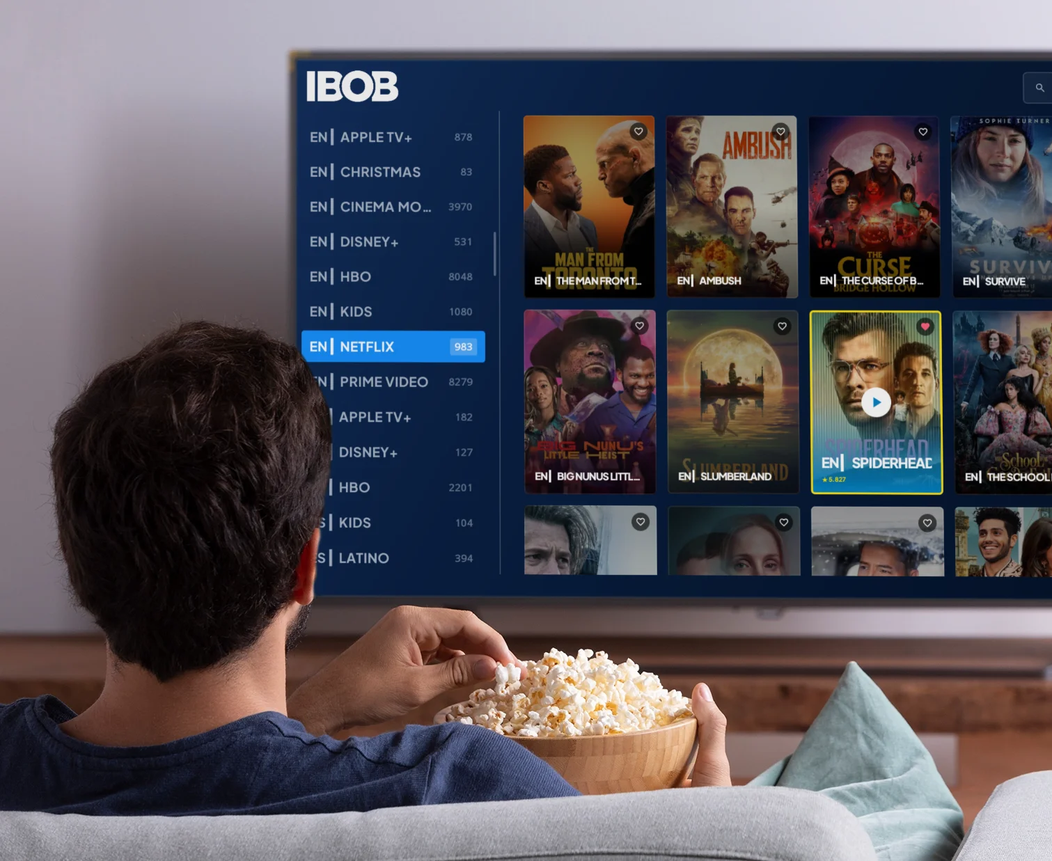 Watching the IBOB Player home screen on a living-room TV