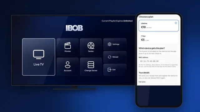 IBOB Player home screen on a TV next to a phone showing the plan choice and MAC address field of the activation page