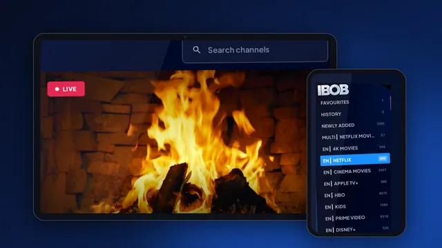 IBOB Player on a tablet playing a live channel and on a phone showing the category list