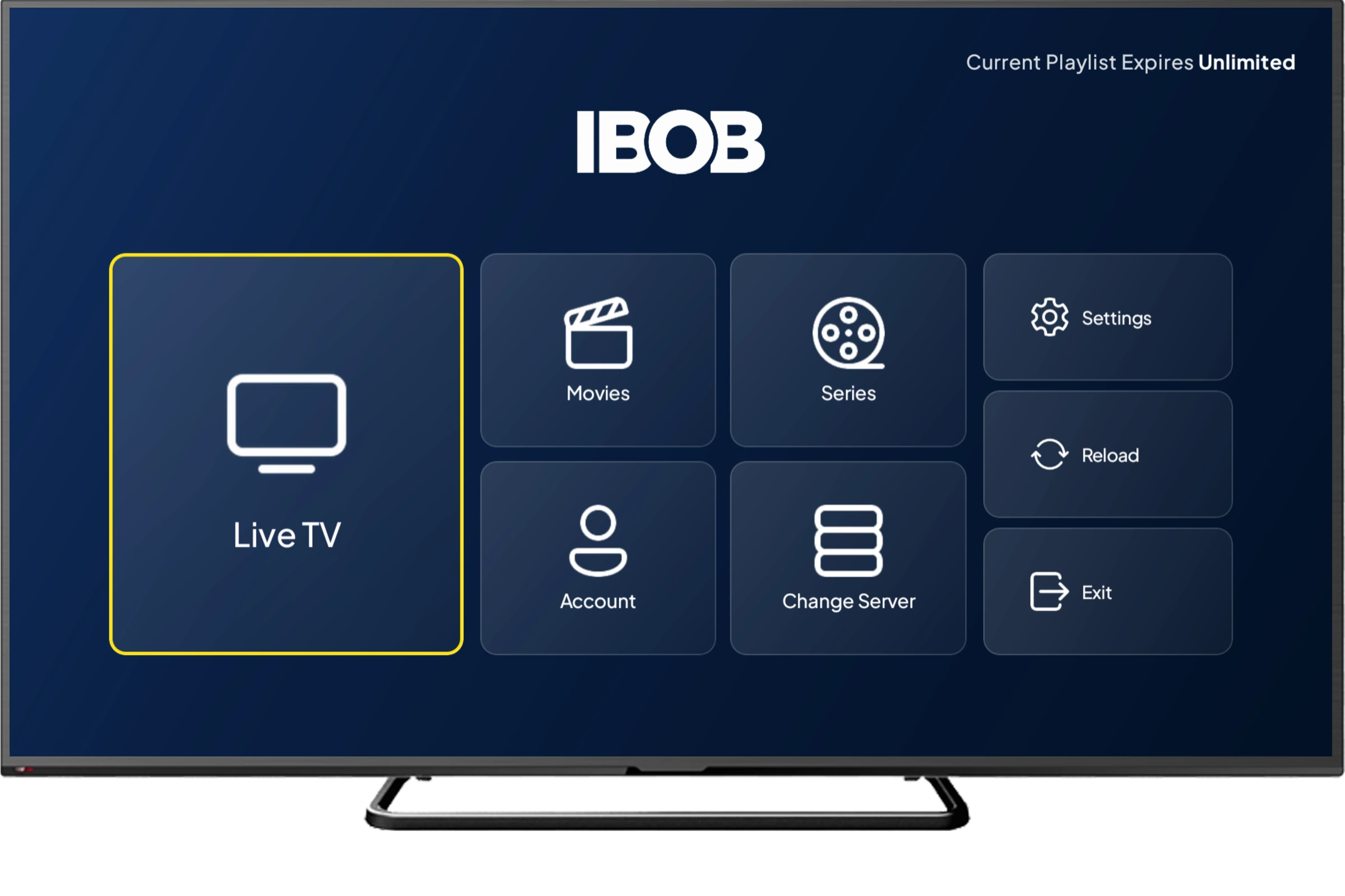 IBOB Player home screen on a TV