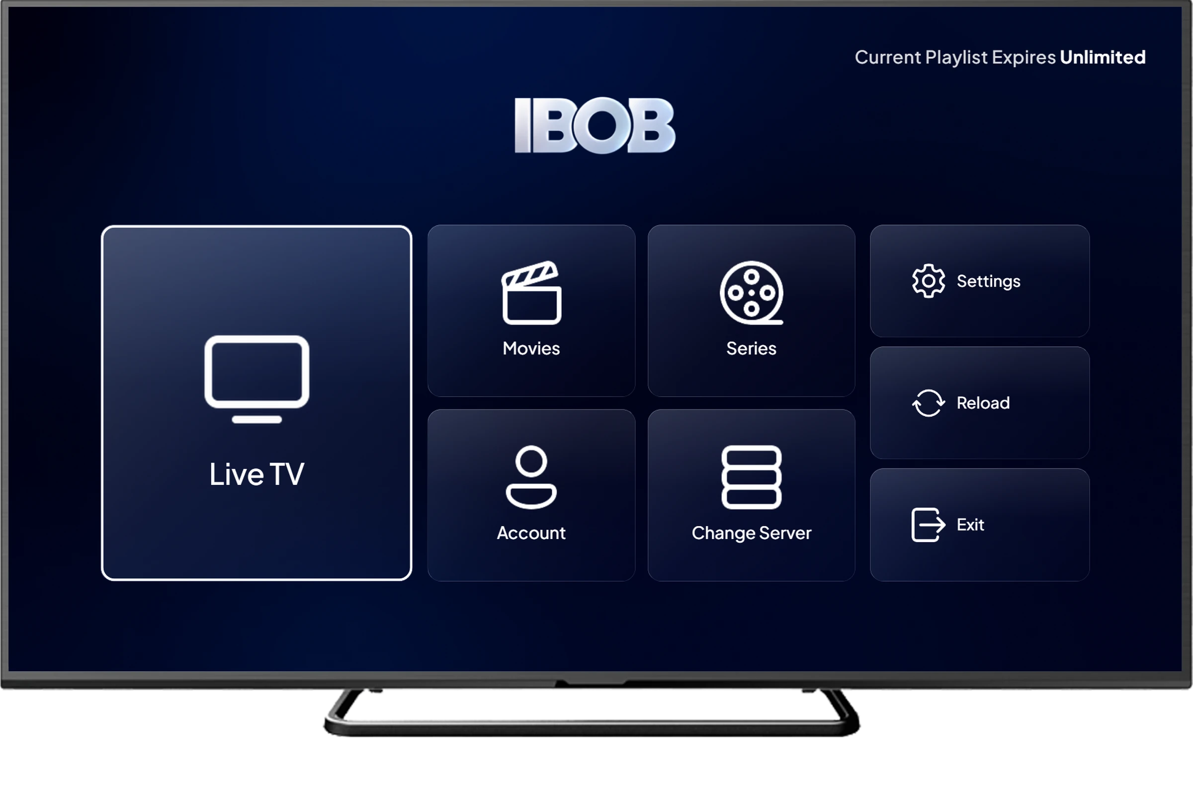 IBOB Player home screen on a TV